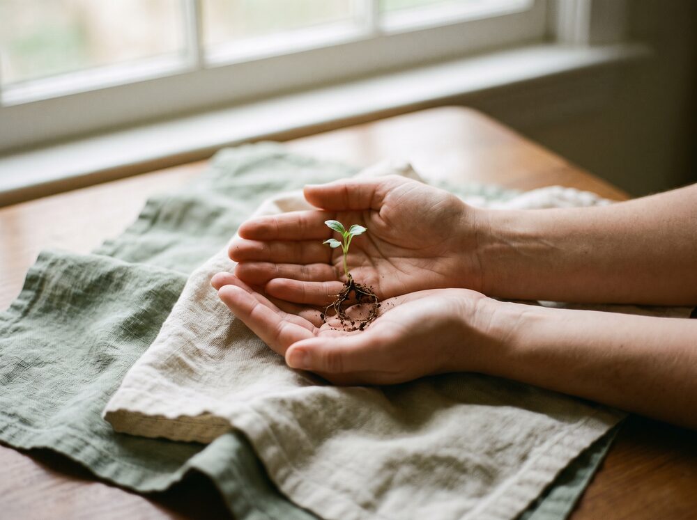 Hands gently cradling a small sprouting plant, representing gentle care and growth