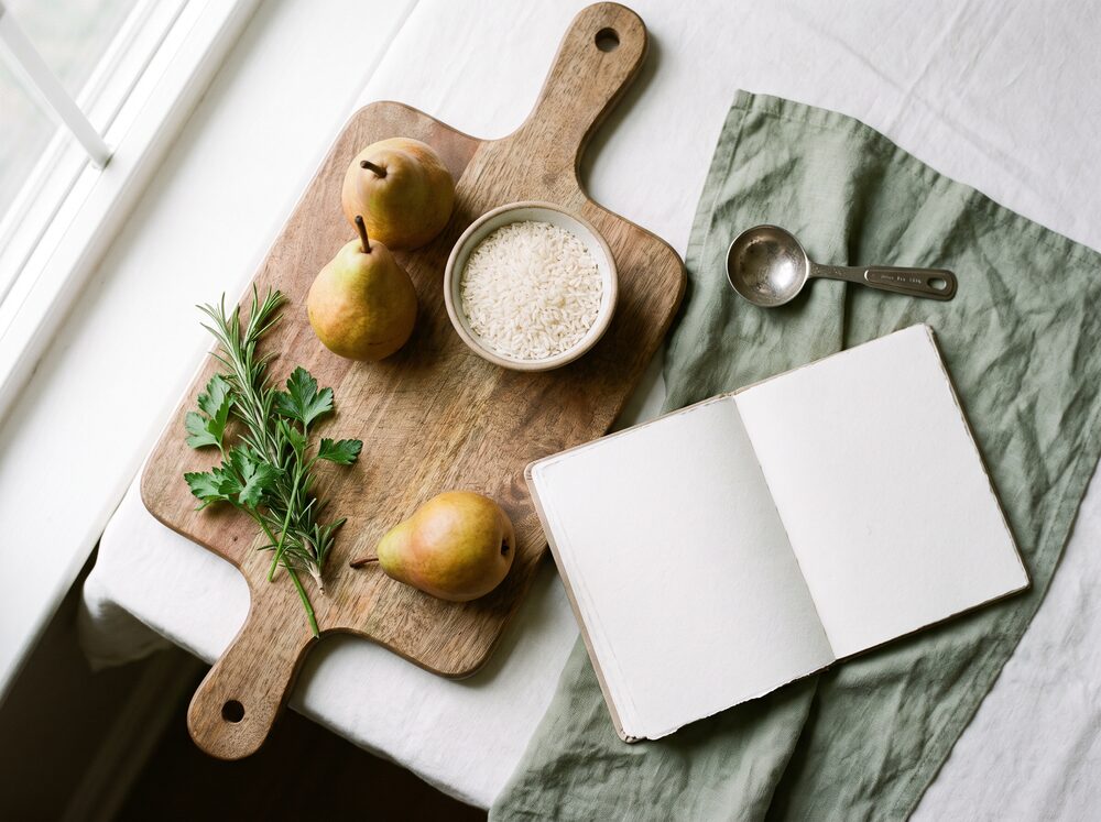 Still life of fresh low-histamine foods including leafy greens, rice, and pears