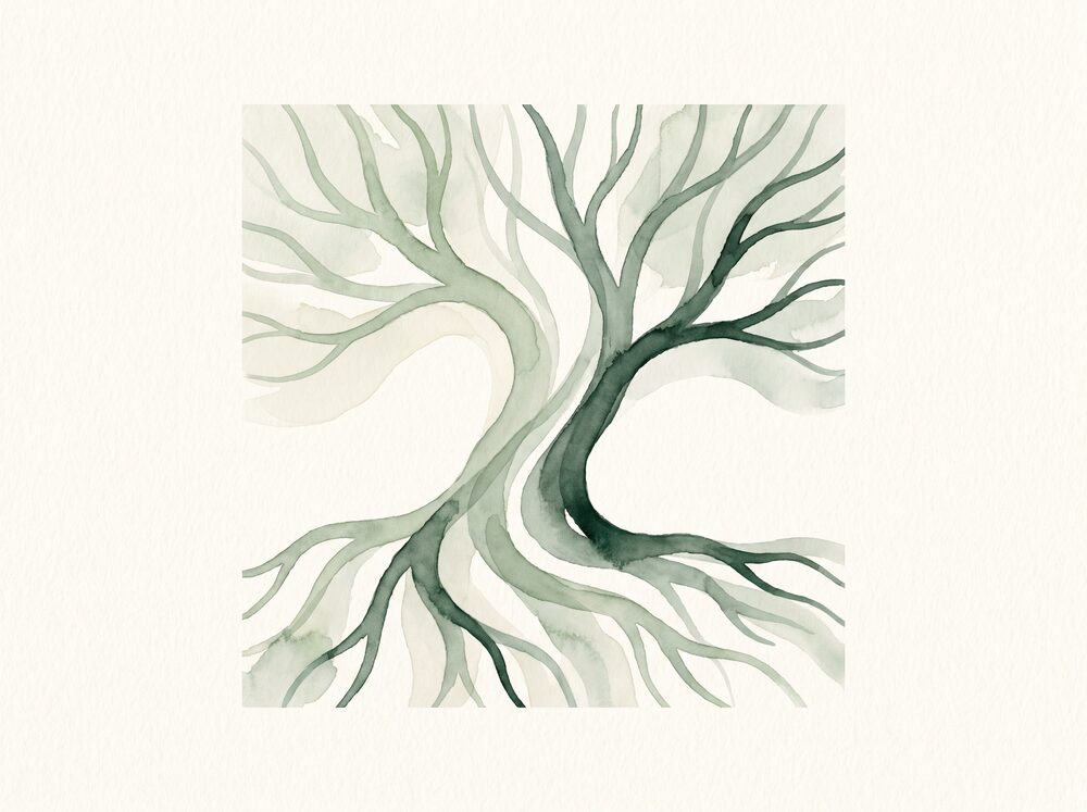 Abstract watercolor illustration of a tree with visible roots, representing the nervous system