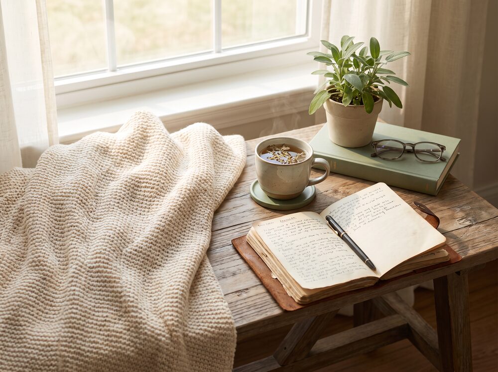Cozy still life of a blanket, journal, and herbal tea for a chronic illness self-care toolkit