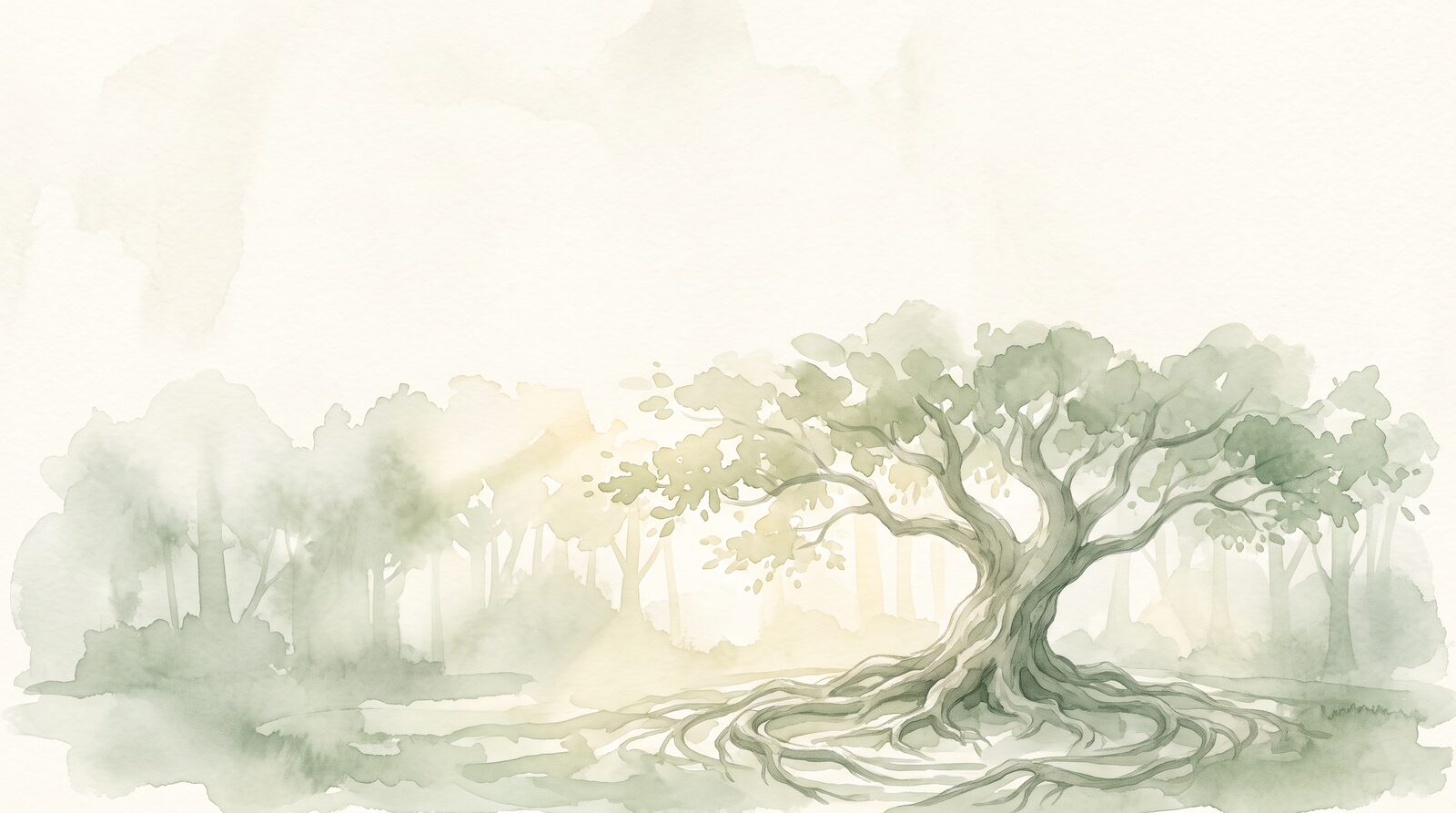 Watercolor illustration of a rooted tree in a misty forest, symbolizing nervous system grounding